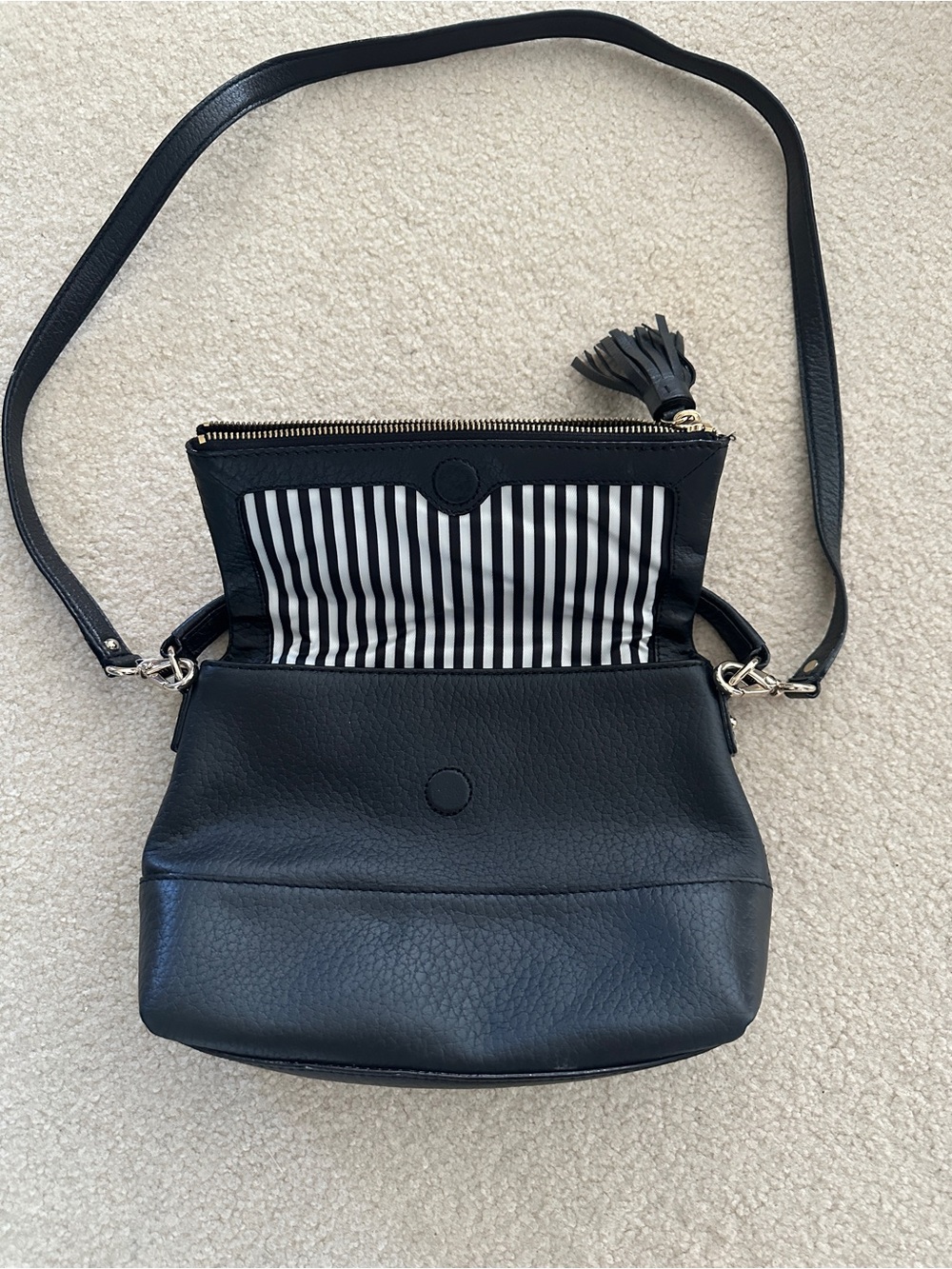 kate spade Black Leather Crossbody with Striped Lining